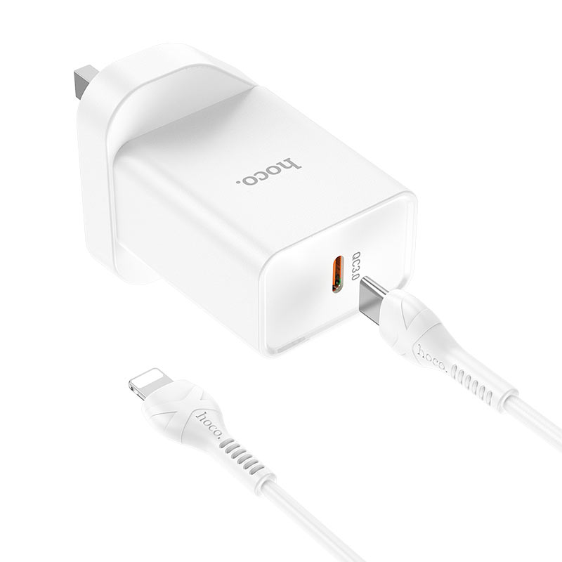 hoco nk6 rise single port pd20w wall charger uk set with type c to lightning cable wire