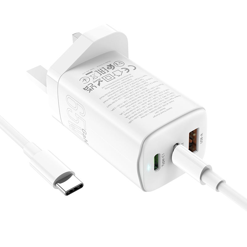 hoco nk7 viewer 65w 3 ports wall charger uk set with type c to type c cable certification