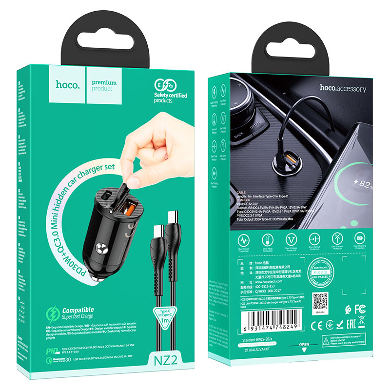 hoco nz2 link pd30w qc3 car charger set with type c to type c cable package black