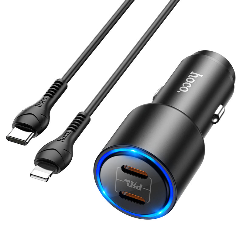 hoco nz3 clear way 40w dual port pd car charger set with type c to lightning cable connectors