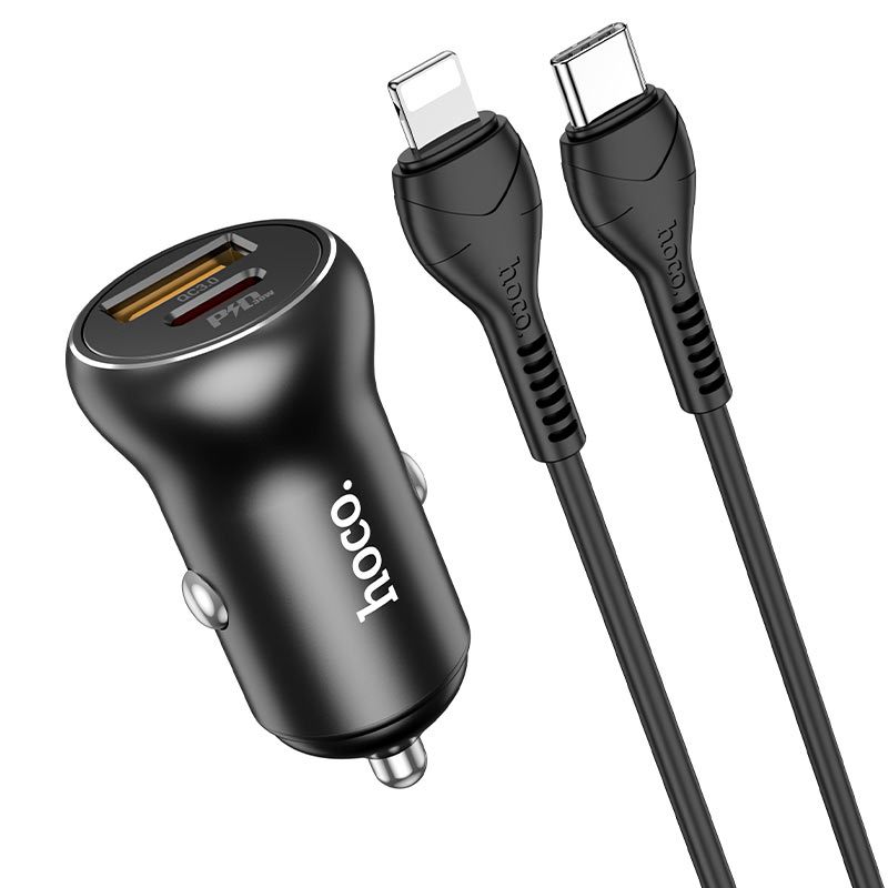 hoco nz5 smooth road pd30w qc3 car charger set with type c to lightning cable connectors