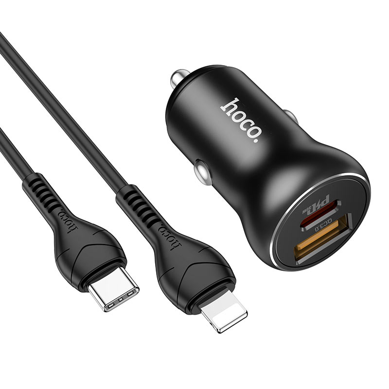 hoco nz5 smooth road pd30w qc3 car charger set with type c to lightning cable