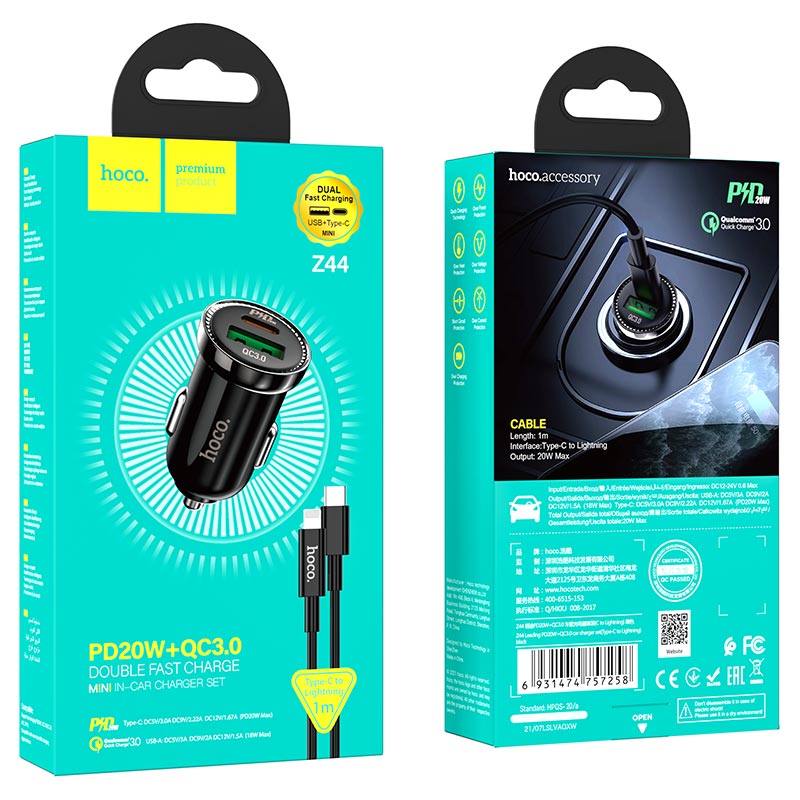 hoco z44 leading pd20w qc3 car charger set with type c to lightning cable package