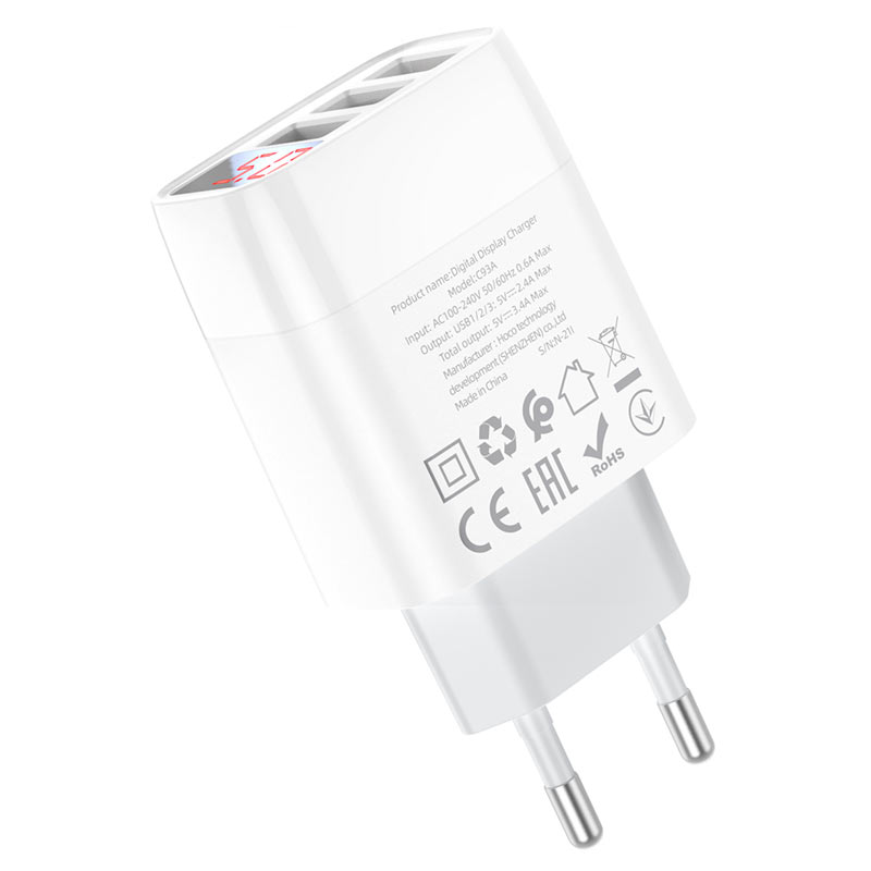 hoco c93a easy charge зарядное устройство с 3 портами и дисплеем eu сертификация
