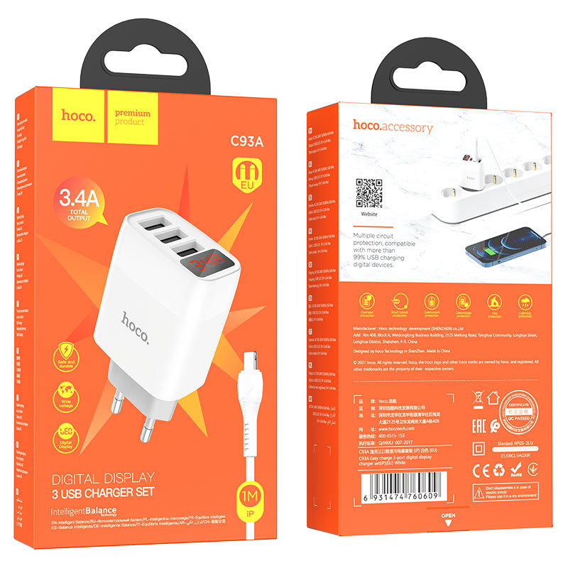 hoco c93a easy charge зарядное устройство с 3 портами и дисплеем eu ltn набор упаковка