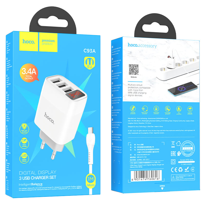 hoco c93a easy charge зарядное устройство с 3 портами и дисплеем eu micro usb упаковка
