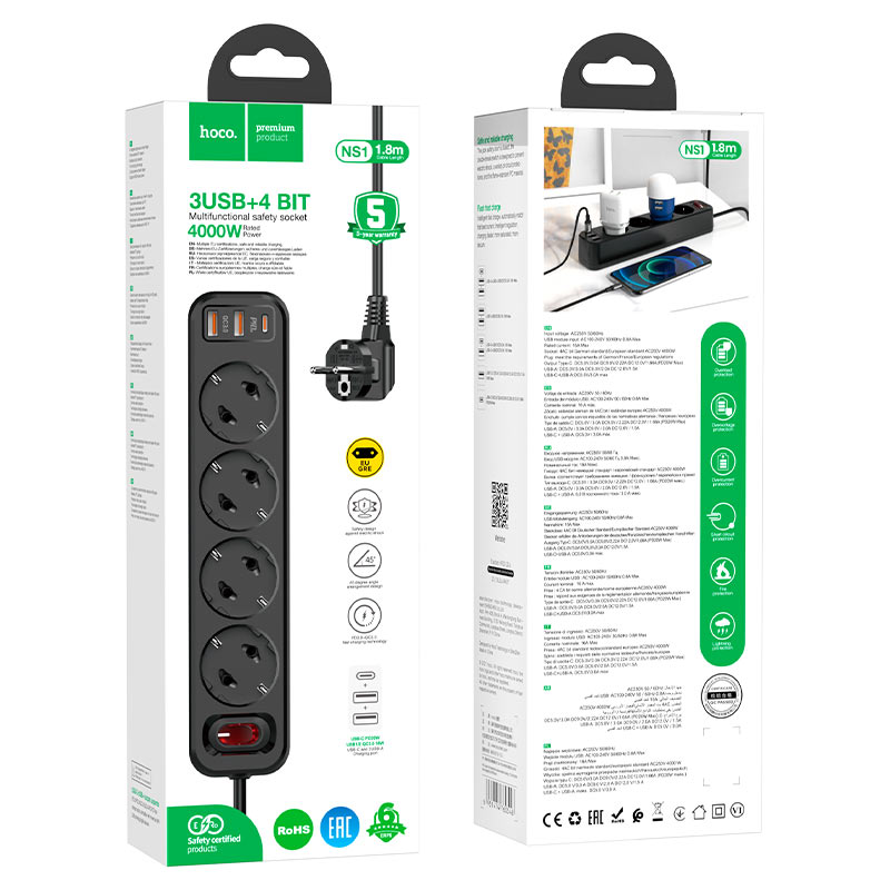 hoco ns1 aura 4 outlets 1c2a power strip with extension cable eu ger package black