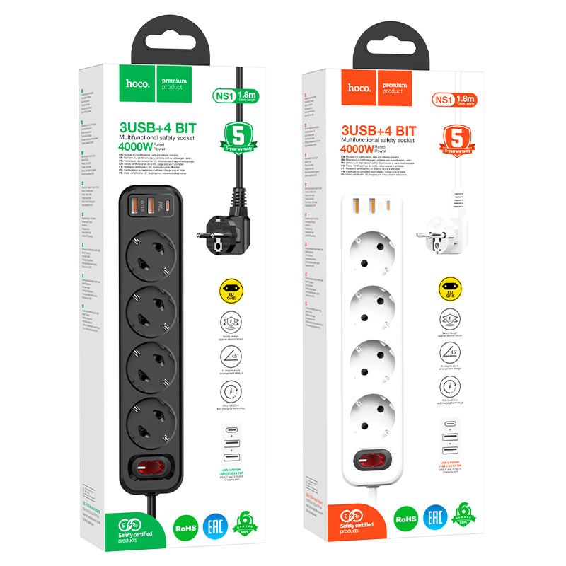 hoco ns1 aura 4 outlets 1c2a power strip with extension cable eu ger packages