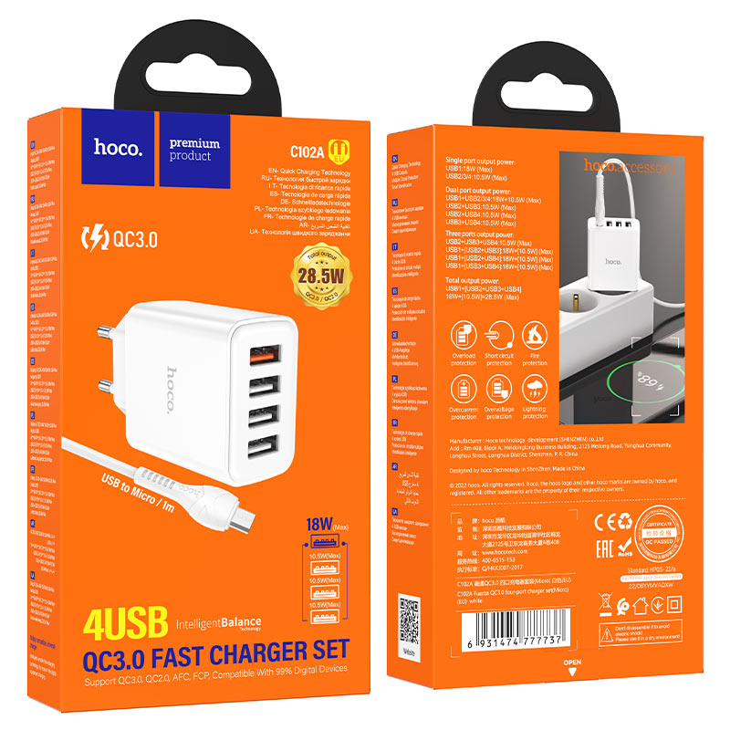 hoco c102a fuerza qc3 four port wall charger eu set usb to musb packaging
