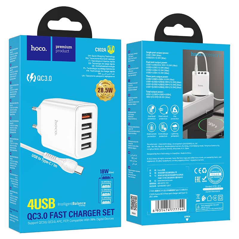 hoco c102a fuerza qc3 four port wall charger eu set usb to tc packaging
