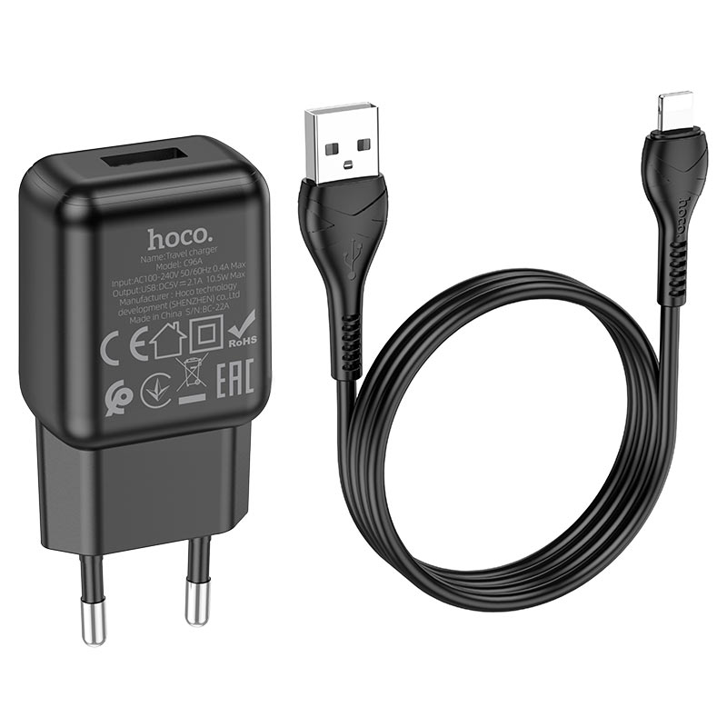 hoco c96a single port wall charger eu usb ltn set wire