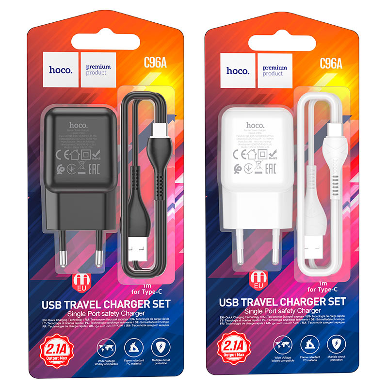 hoco c96a single port wall charger eu usb tc set packaging
