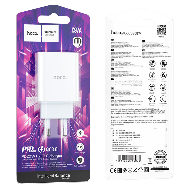 hoco c97a pd20w qc3 wall charger eu packaging