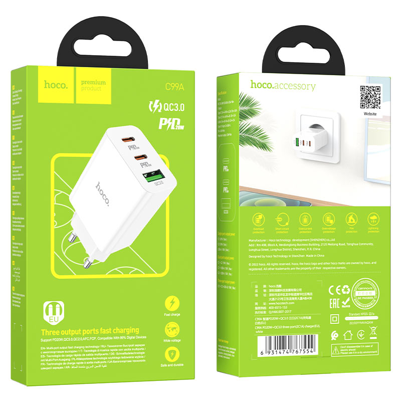 hoco c99a pd20w qc3 three port wall charger eu packaging