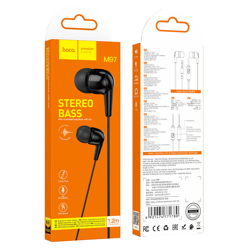 hoco m97 enjoy universal earphones with mic packaging black