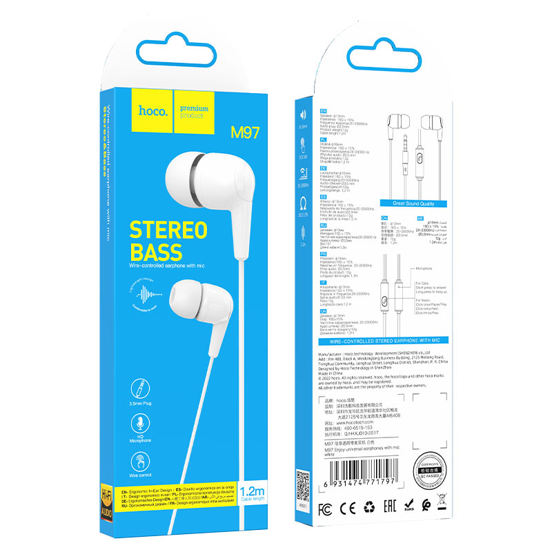 hoco m97 enjoy universal earphones with mic packaging white