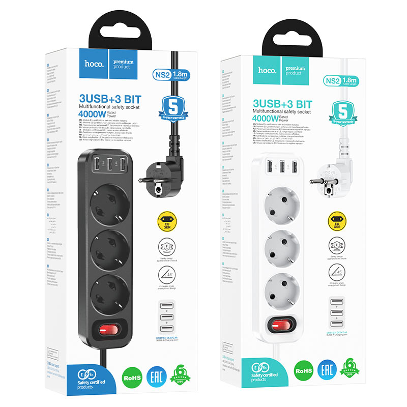 hoco ns2 power strip with extension cable 3 socket eu ger packaging