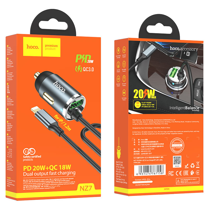 hoco nz7 pd20wqc3.0 car charger built in ltn cable packaging