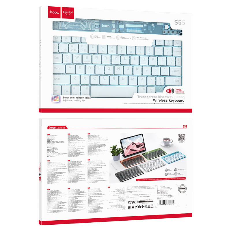 hoco selected s55 transparent discovery edition wireless bt keyboard english packaging ice blue mist