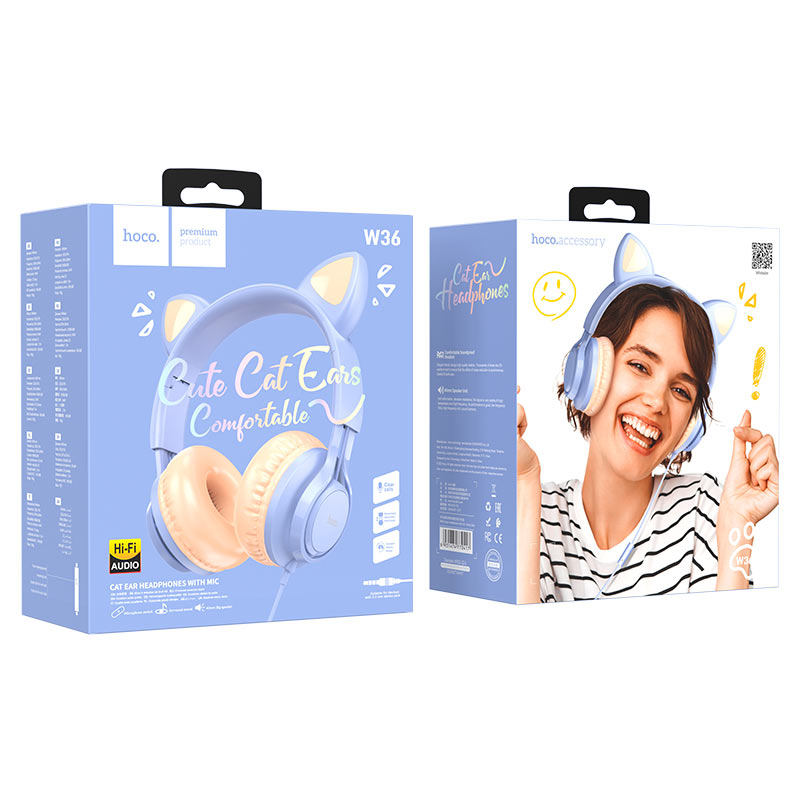 hoco w36 cat ear headphones with mic packaging dream blue