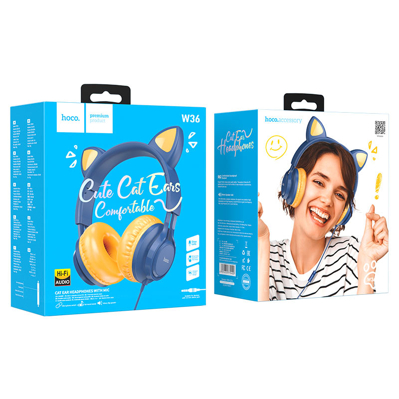 hoco w36 cat ear headphones with mic packaging midnight blue