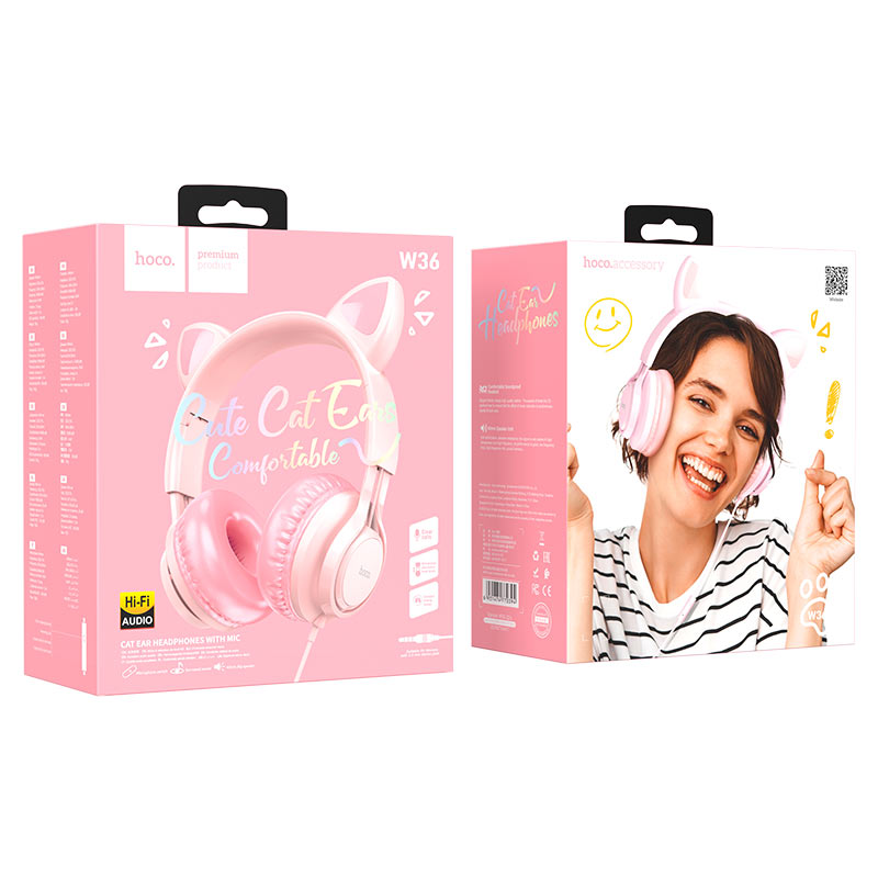hoco w36 cat ear headphones with mic packaging pink
