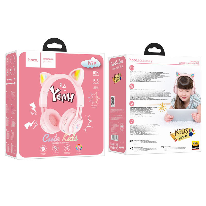 hoco w39 cat ear kids bt headphones packaging pink