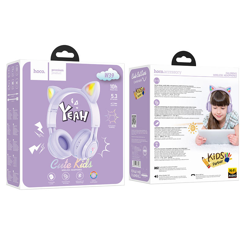 hoco w39 cat ear kids bt headphones packaging purple