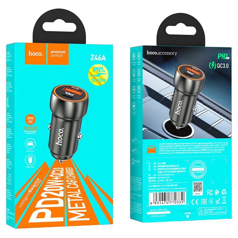 hoco z46a blue whale pd20w qc3 car charger packaging metal grey
