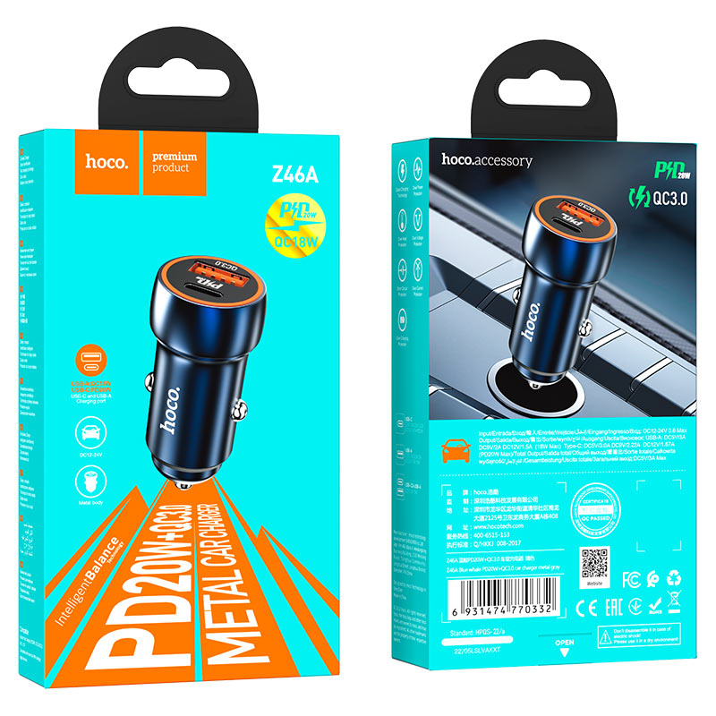 hoco z46a blue whale pd20w qc3 car charger packaging sapphire blue