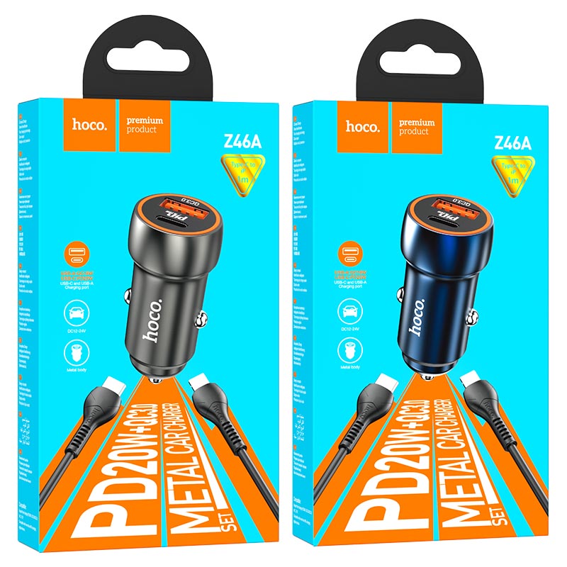 hoco z46a blue whale pd20w qc3 car charger set tc to ltn packaging