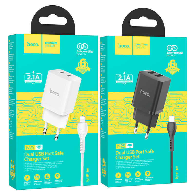 hoco n25 maker dual port wall charger eu set usba ltn packaging