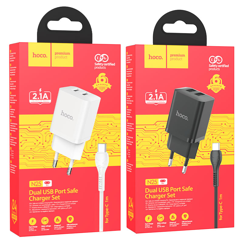 hoco n25 maker dual port wall charger eu set usba tc packaging
