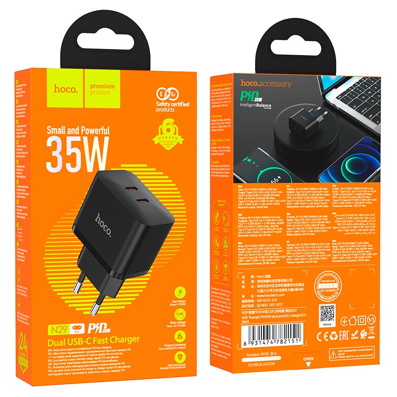 hoco n29 triumph pd35w dual usbc port wall charger eu packaging black
