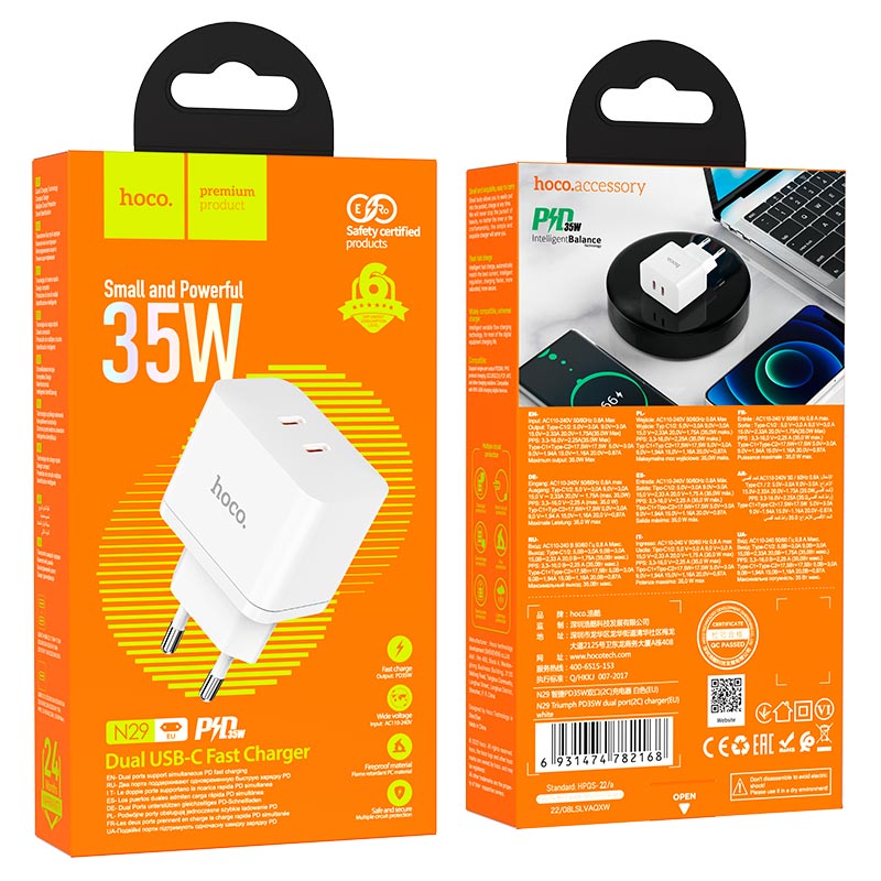 hoco n29 triumph pd35w dual usbc port wall charger eu packaging white