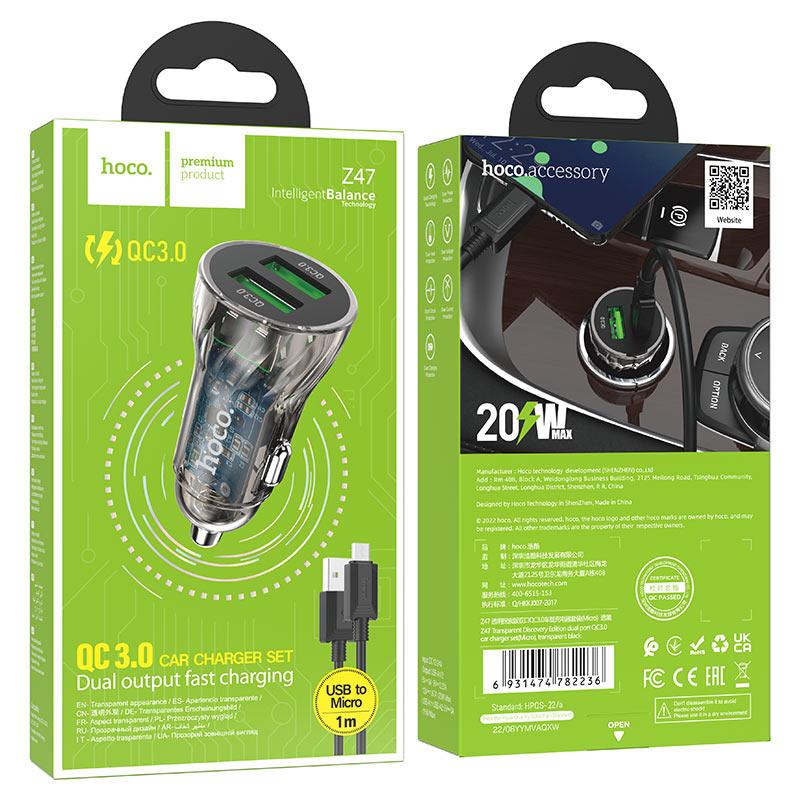 hoco z47 transparent discovery edition dual port qc3 car charger set usba musb packaging transparent black