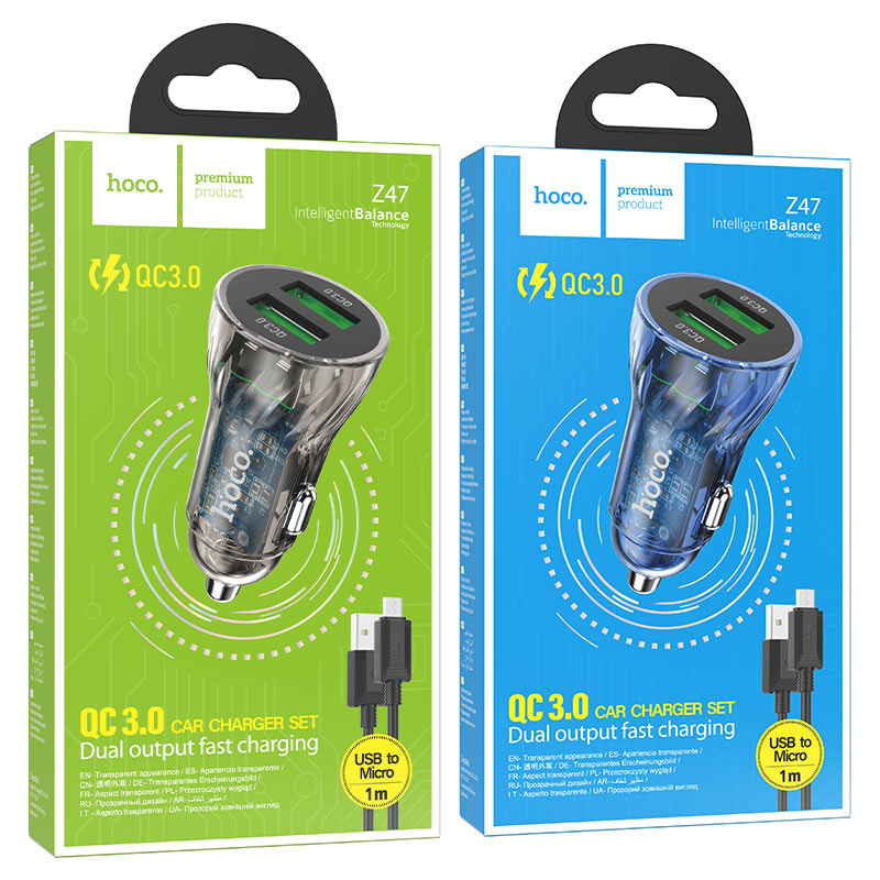 hoco z47 transparent discovery edition dual port qc3 car charger set usba musb packaging