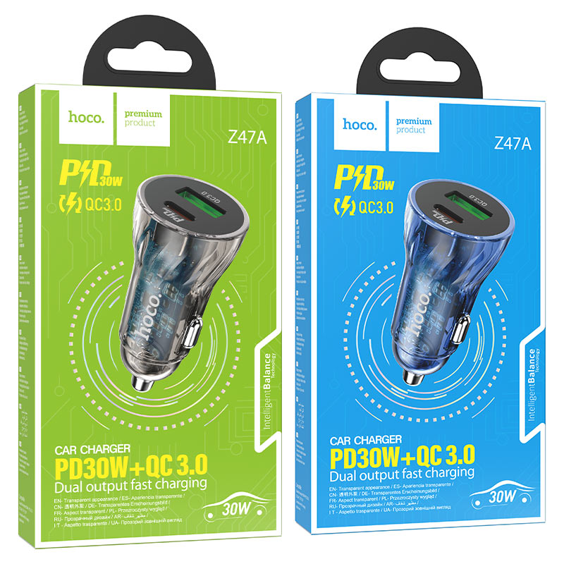 hoco z47a transparent discovery edition pd30w qc3 car charger packaging