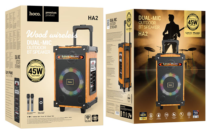 hoco ha2 wave wireless dual mic outdoor bt speaker packaging