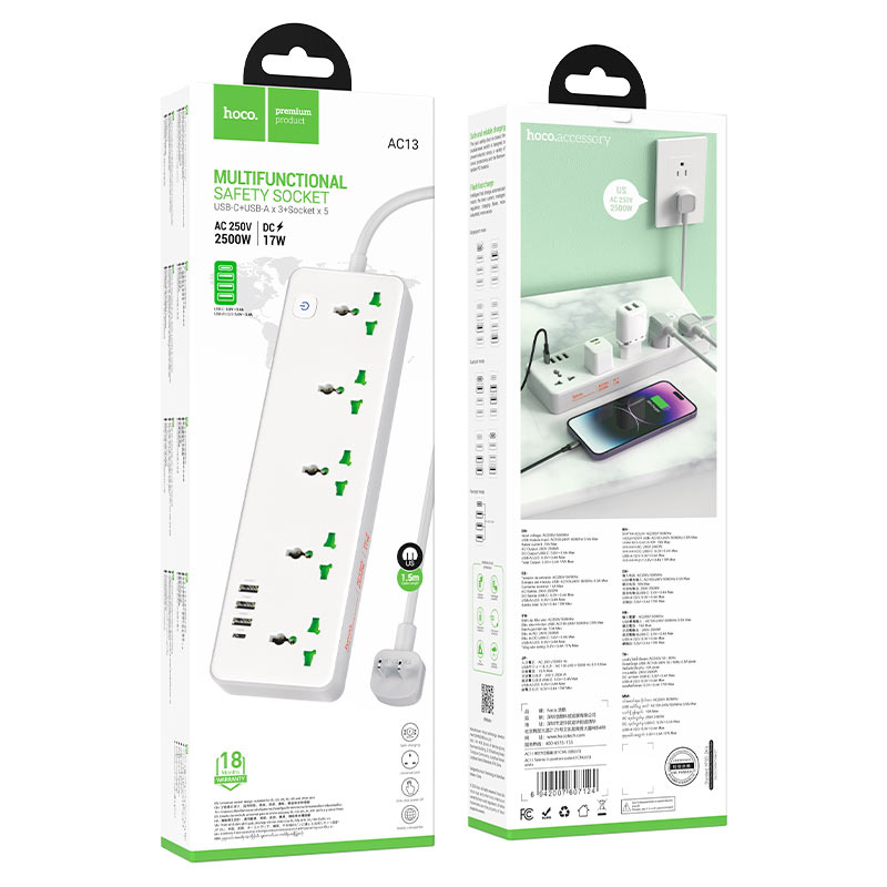 hoco ac13 talento 5 sockets 1c3a power strip us packaging white