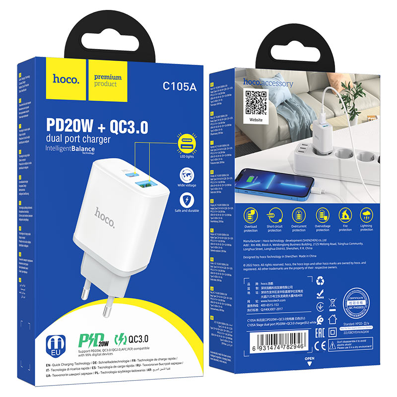hoco c105a stage dual port pd20w qc3 wall charger eu packaging