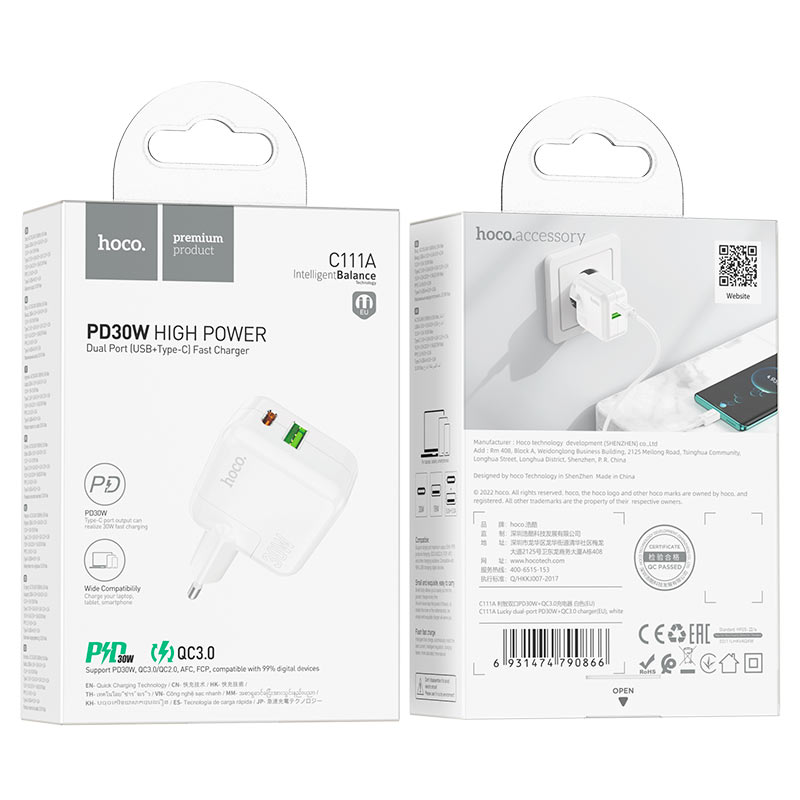 hoco c111a lucky pd30w qc3 dual port wall charger eu packaging
