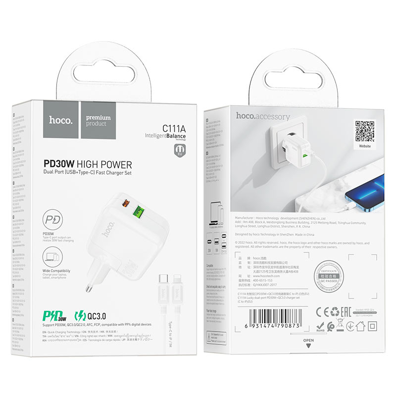 hoco c111a lucky pd30w qc3 dual port wall charger eu set tc ltn packaging