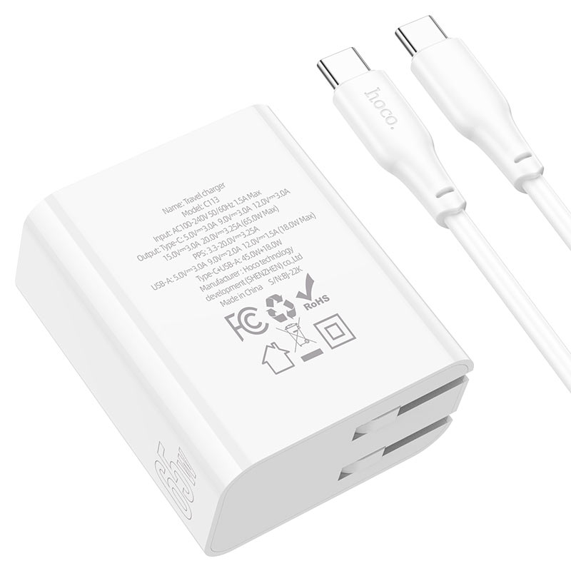 hoco c113 awesome pd65w dual port 1a1c wall charger us set tc tc cable