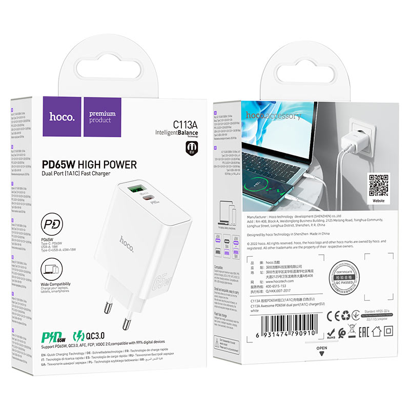 hoco c113a awesome pd65w gan dual port 1a1c wall charger eu packaging