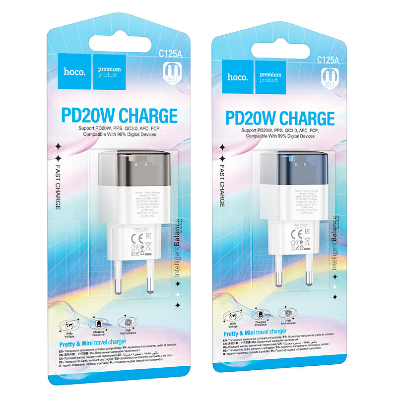 hoco c125a transparent tribute pd20w single tc port wall charger eu packaging