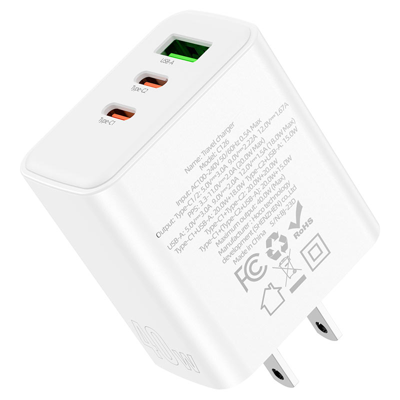 hoco c126 pure power 40w 3 port 2c1a wall charger us specs