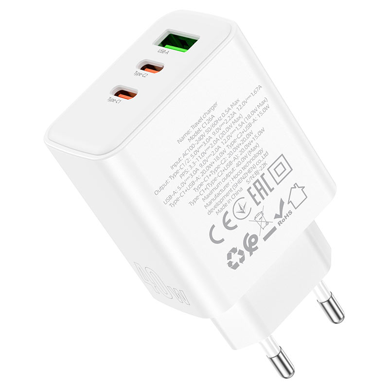 hoco c126a pure power 40w 3 port 2c1a wall charger eu specs