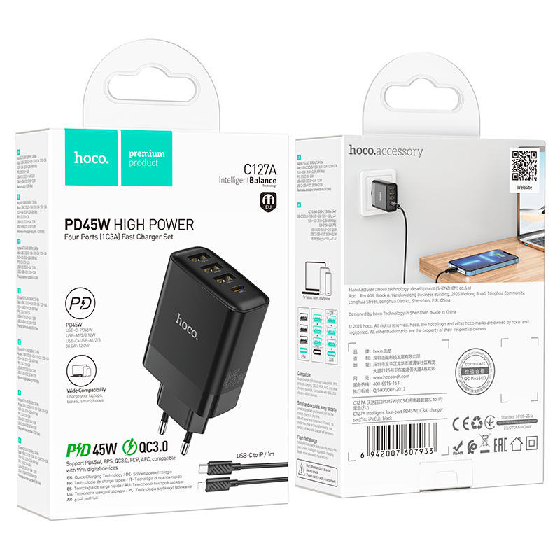 hoco c127a intelligent pd45w 4 port 1c3a wall charger eu set tc ltn packaging