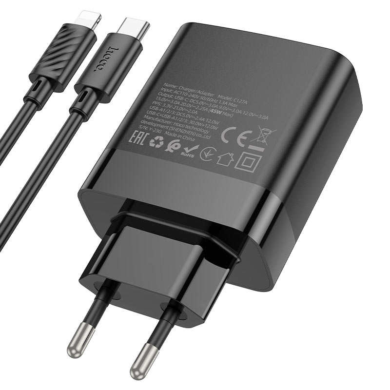 hoco c127a intelligent pd45w 4 port 1c3a wall charger eu set tc ltn wire